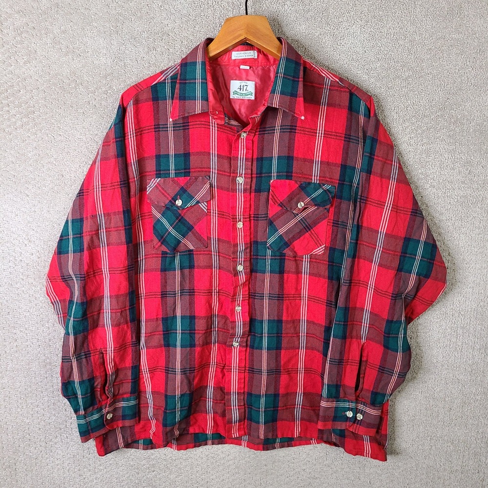 Vintage Van Heusen Shirt Mens XL Red Green Plaid Button Down Lined Long Sleeve